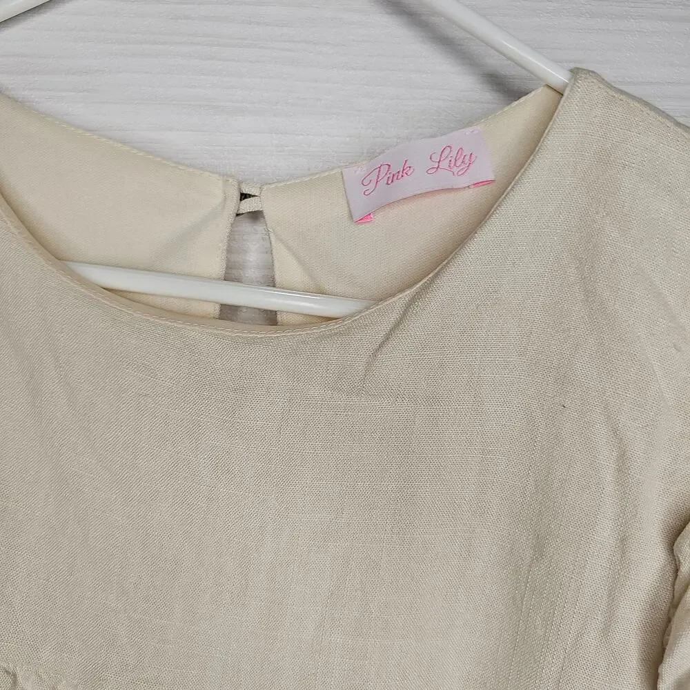 Pink Lily Cream Tiered Ruffle Cap Sleeve Babydoll Top Blouse Womens Medium - Picture 6 of 7